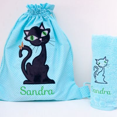 Ręcznik  i worek personalizowany do przedszkola Czarny Kot